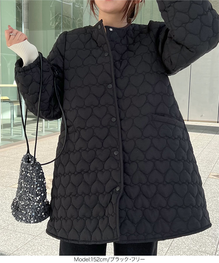 ハート柄 キルティング ジャケット レディース ハート ミディ ミディアム丈 ノーカラー コート アウター キルティングジャケット きれいめ 長袖 骨格ストレート 骨スト 骨格ウェーブ キルト 白 ホ