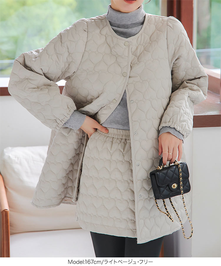 ハート柄 キルティング ジャケット レディース ハート ミディ ミディアム丈 ノーカラー コート アウター キルティングジャケット きれいめ 長袖 骨格ストレート 骨スト 骨格ウェーブ キルト 白 ホ