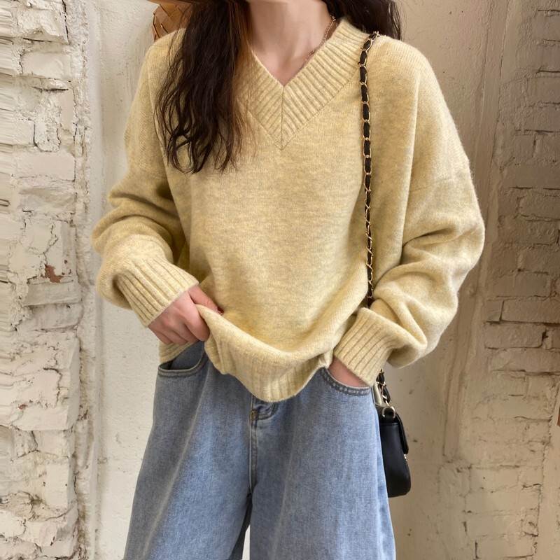 Vネック ルーズ ニットセーター レディース トップス ニット セーター プルオーバー 丈長 長袖 ドロップショルダー 襟なし リブ かわいい 大人可愛い きれいめ シンプル カジュアル おしゃれ ル