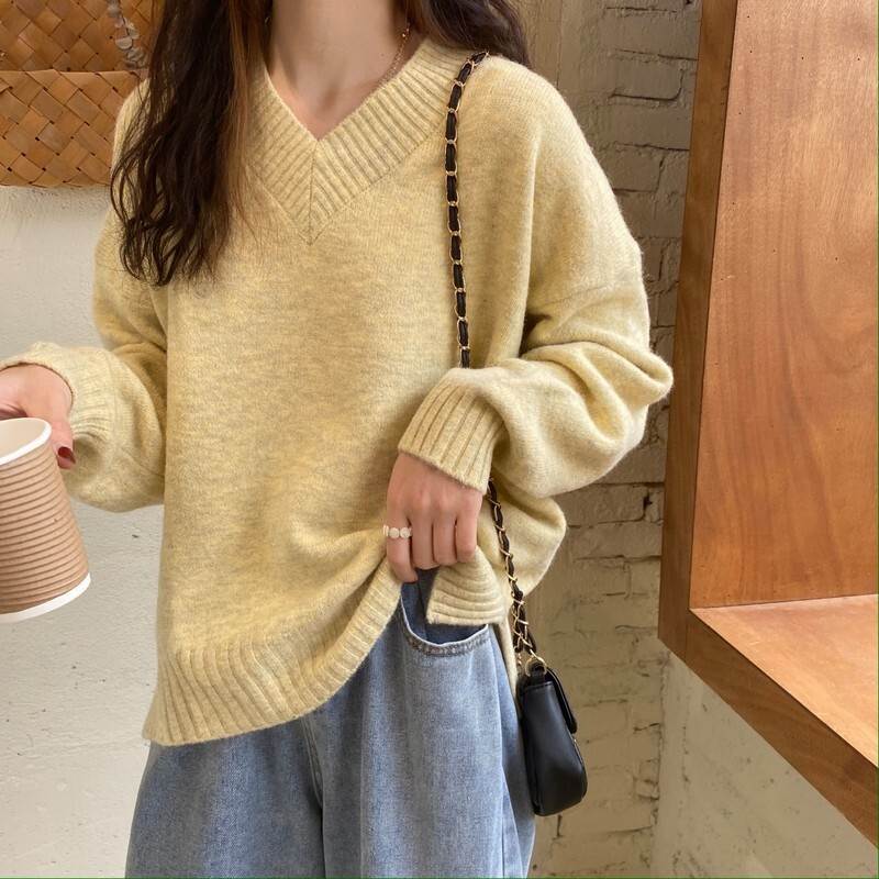 Vネック ルーズ ニットセーター レディース トップス ニット セーター プルオーバー 丈長 長袖 ドロップショルダー 襟なし リブ かわいい 大人可愛い きれいめ シンプル カジュアル おしゃれ ル