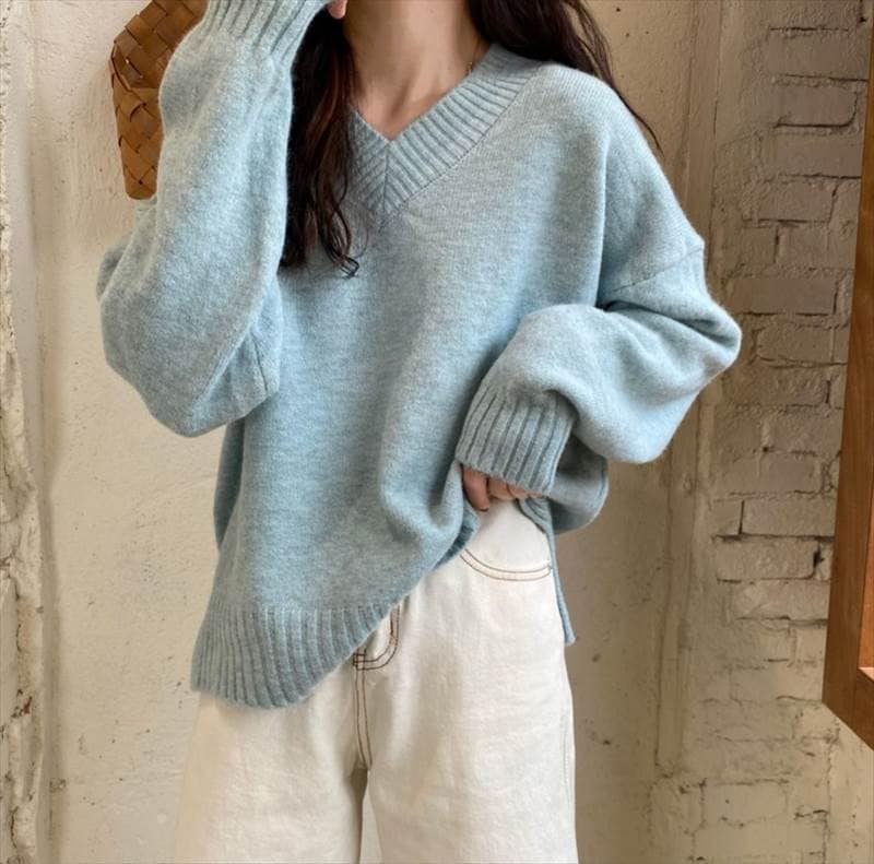 Vネック ルーズ ニットセーター レディース トップス ニット セーター プルオーバー 丈長 長袖 ドロップショルダー 襟なし リブ かわいい 大人可愛い きれいめ シンプル カジュアル おしゃれ ル