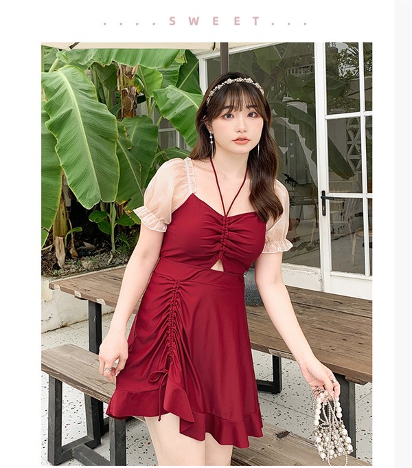 ワンピース水着 レッド ぽっちゃり 水着 服みたいな 韓国ファッション セクシー感 大きいサイズ 体型カバー 露出控えめ 可愛い おしゃれ ショートパンツ ビーチ プール 夏 リゾート 海 プール