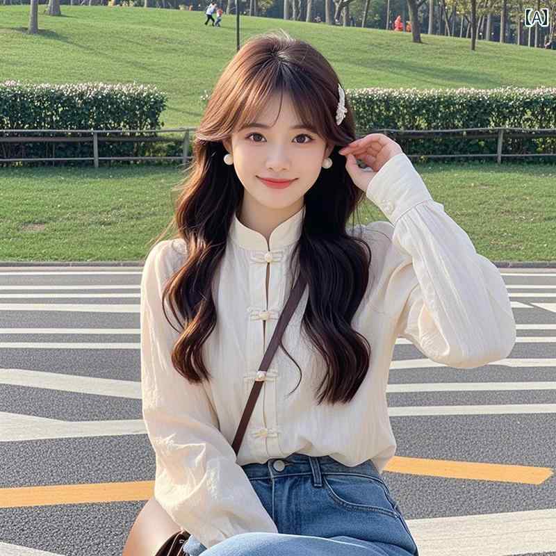 スタンドカラー シャツ レディース 長袖 春秋 チャイナボタン 前開き 韓国 おしゃれ シンプル 無地 上品 カジュアル 通勤 普段使い アイボリー スタンドカラー シャツ レディース 長袖 春秋 チャイナボタン 前開き 韓国 おしゃれ シンプル 無地 上品 カジュアル 通勤 普段使い アイボリー