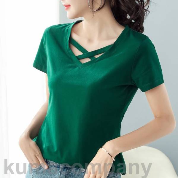 Tシャツ レディース 半袖tシャツ Vネック カラバリ 夏新作 ストレッチあり