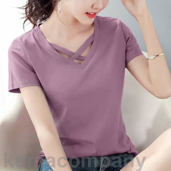 Tシャツ レディース 半袖tシャツ Vネック カラバリ 夏新作 ストレッチあり
