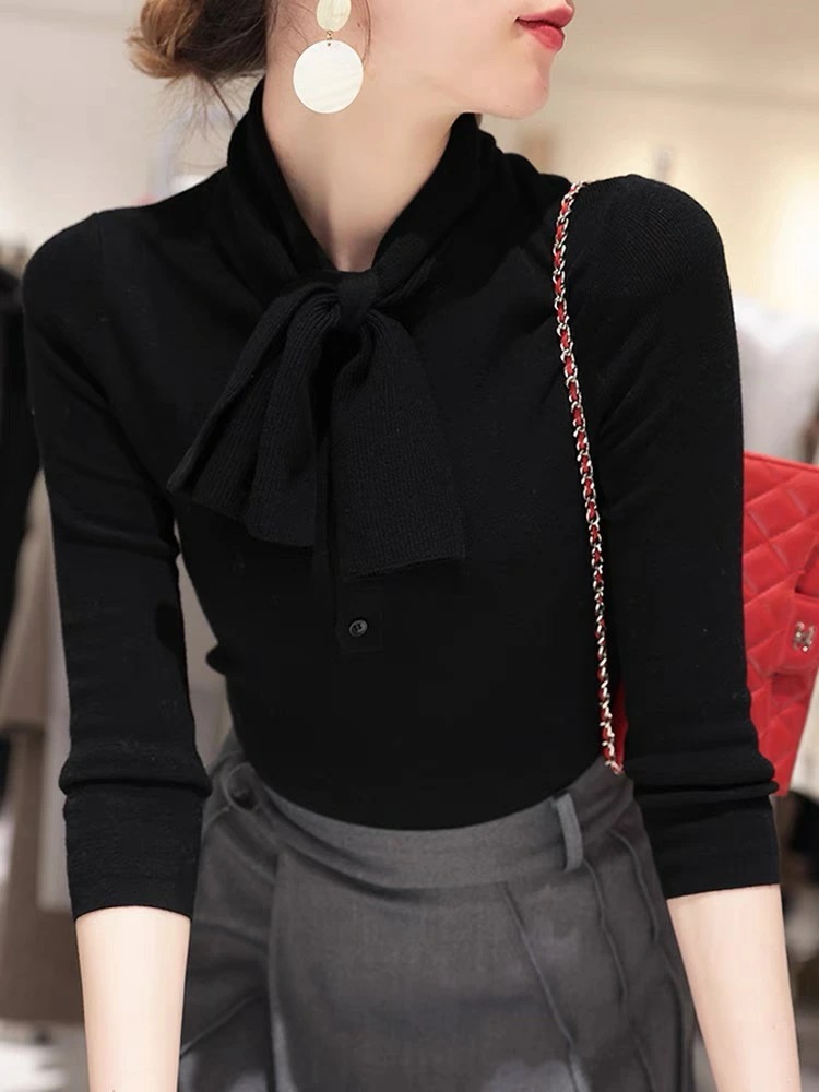 【急速出荷】秋 冬 ボウタイニットセーター 長袖 オフィス きれいめ カジュアル ストレッチ シンプル エレガント 20代 30代 40代 50代 女性 上品 着回し 重ね着 秋 冬 柔らかい インナ