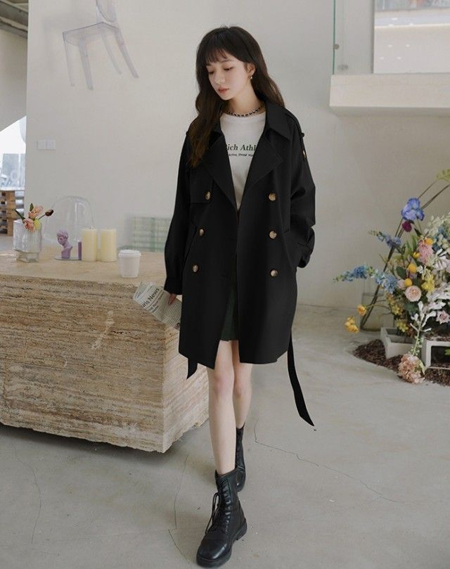 トレンチコート ショート レディース ショートコート 春 秋 アウター きれいめ カジュアル シンプル 大きいサイズ 通勤 春秋 スプリングコート コート 黒 ベージュ バレンタイン プレゼント