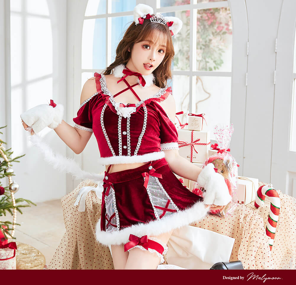 【即納】コスプレ クリスマス サンタ レースキャット プリンセス レース ベロア レッド 仮装 コスプレ 女性 レディース 一式 マリームーン【10046】