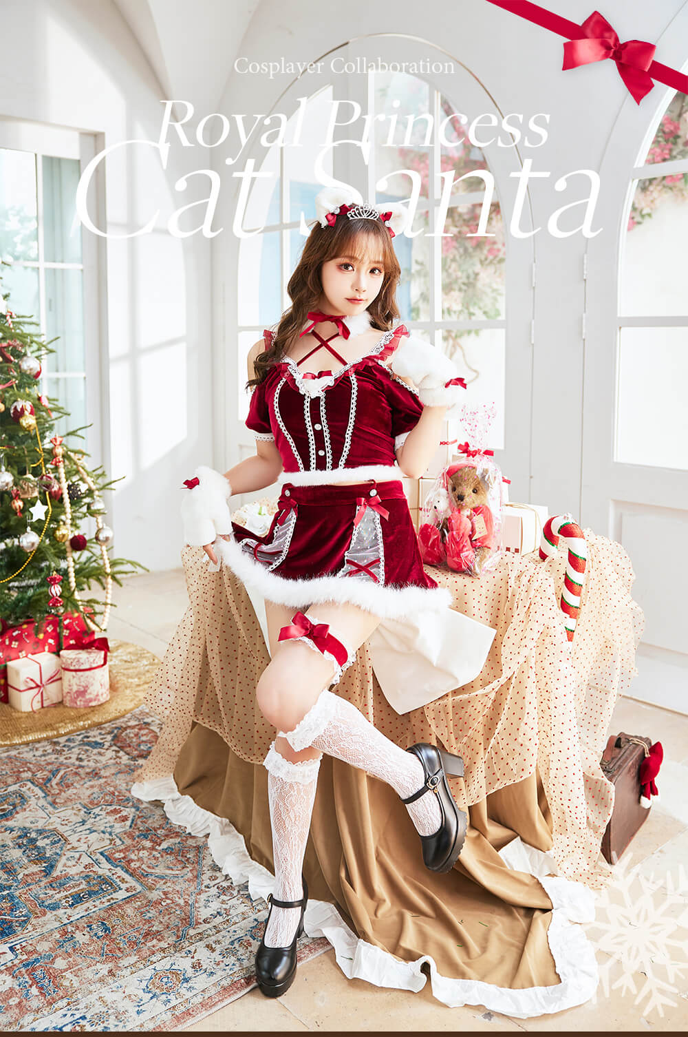 【即納】コスプレ クリスマス サンタ レースキャット プリンセス レース ベロア レッド 仮装 コスプレ 女性 レディース 一式 マリームーン【10046】