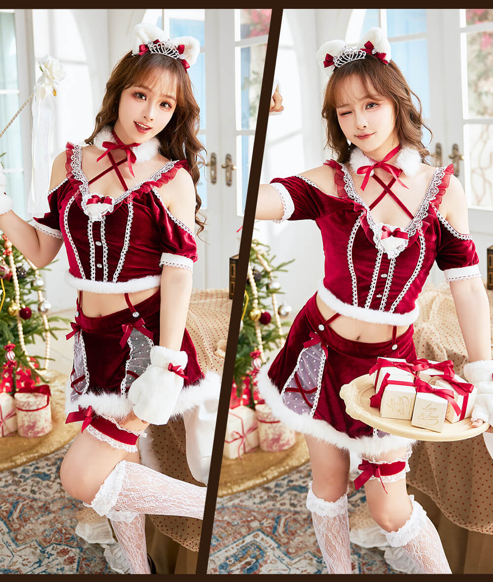 【即納】コスプレ クリスマス サンタ レースキャット プリンセス レース ベロア レッド 仮装 コスプレ 女性 レディース 一式 マリームーン【10046】