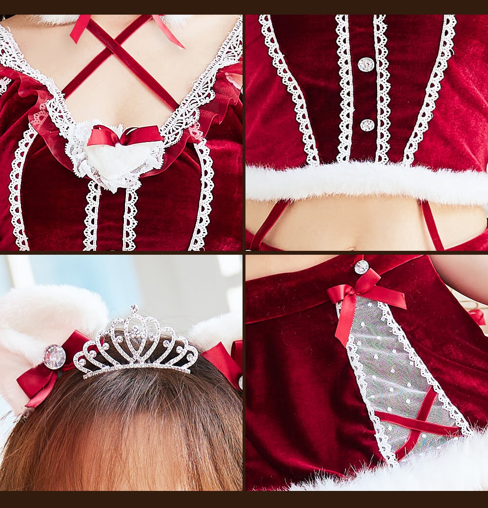 【即納】コスプレ クリスマス サンタ レースキャット プリンセス レース ベロア レッド 仮装 コスプレ 女性 レディース 一式 マリームーン【10046】