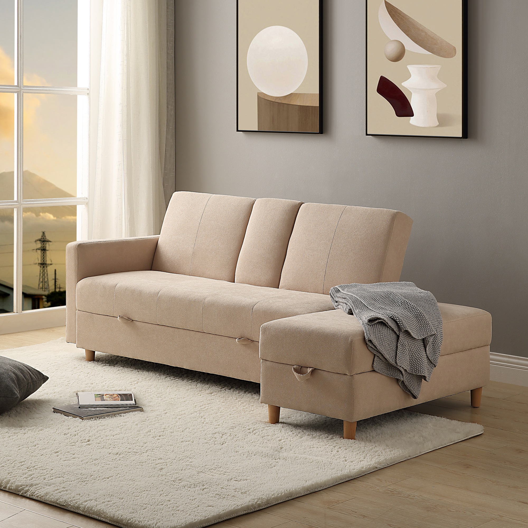 【国内即発送】ソファー 3人掛け ソファ 多機能ソファベッド 収納機能 引き出し オットマン おしゃれ コーナーソファー コーナー 【ベージュ】