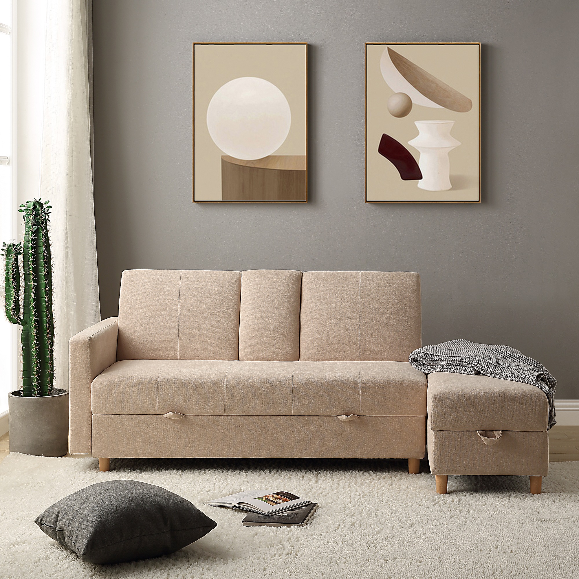 【国内即発送】ソファー 3人掛け ソファ 多機能ソファベッド 収納機能 引き出し オットマン おしゃれ コーナーソファー コーナー 【ベージュ】