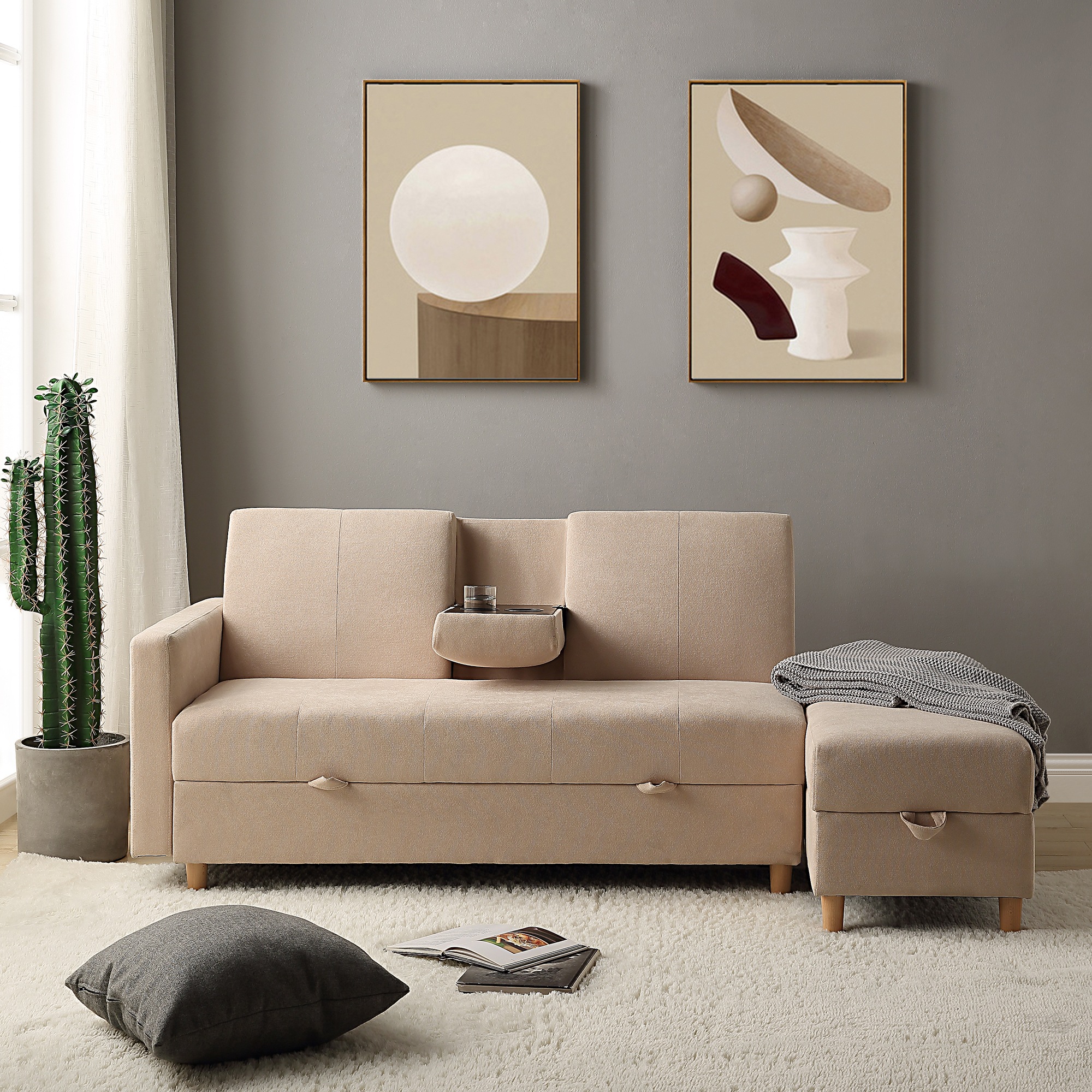 【国内即発送】ソファー 3人掛け ソファ 多機能ソファベッド 収納機能 引き出し オットマン おしゃれ コーナーソファー コーナー 【ベージュ】