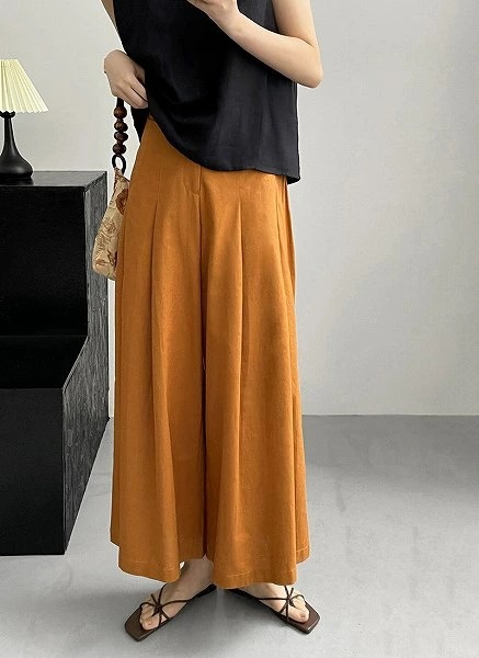 驚きの安さ麻ワンドパンツ　リネンタックフレアパンツ　ゆったりデザイン　バギーパンツ　ほっそり効果お出かけ女子会