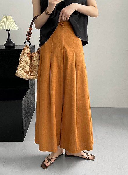 驚きの安さ麻ワンドパンツ　リネンタックフレアパンツ　ゆったりデザイン　バギーパンツ　ほっそり効果お出かけ女子会