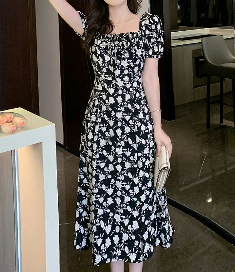 花柄ワンピ パフショルダー 花柄 ワンピース 前スリット バイカラー 半袖 Aライン 黒 ロングワンピース 大人 ミモレ丈 ロング丈 ガーリー きれいめ 食事会 デート 体型カバー 大きいサイズ リゾ 花柄ワンピ パフショルダー 花柄 ワンピース 前スリット バイカラー 半袖 Aライン 黒 ロングワンピース 大人 ミモレ丈 ロング丈 ガーリー きれいめ 食事会 デート 体型カバー 大きいサイズ リゾ