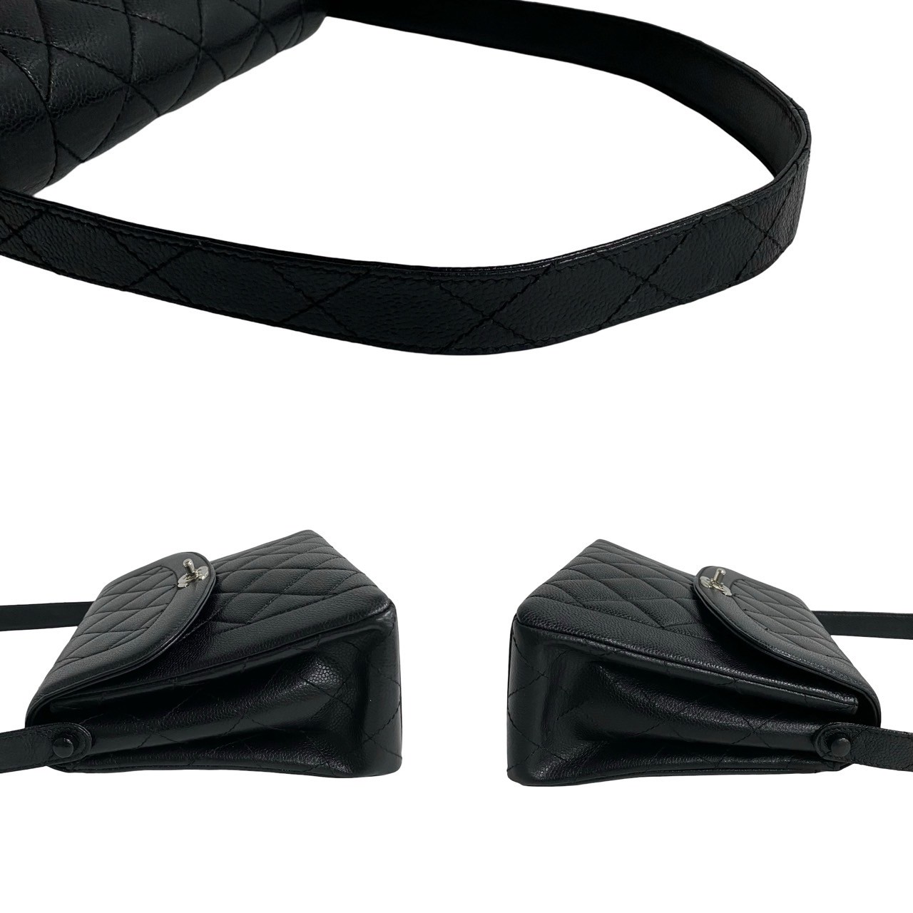 ヴィンテージ マトラッセ ダイアナフラップ ココマークショルダーバッグ マットキャビアスキン ブラック 170-1 ヴィンテージ マトラッセ ダイアナフラップ ココマークショルダーバッグ マットキャビアスキン ブラック 170-1