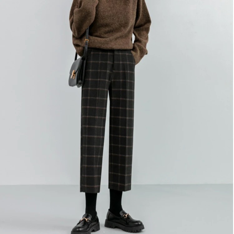 1つ買うと10個無料ラシャ格子はハイウエスト女性ストレート九分ズボンのブーツ厚手スラックスパンツ