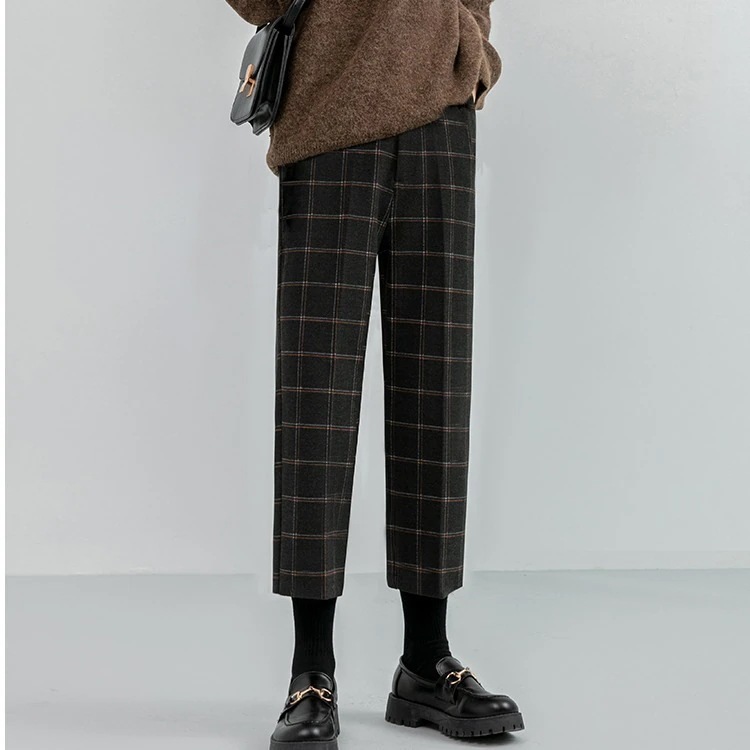 1つ買うと10個無料ラシャ格子はハイウエスト女性ストレート九分ズボンのブーツ厚手スラックスパンツ