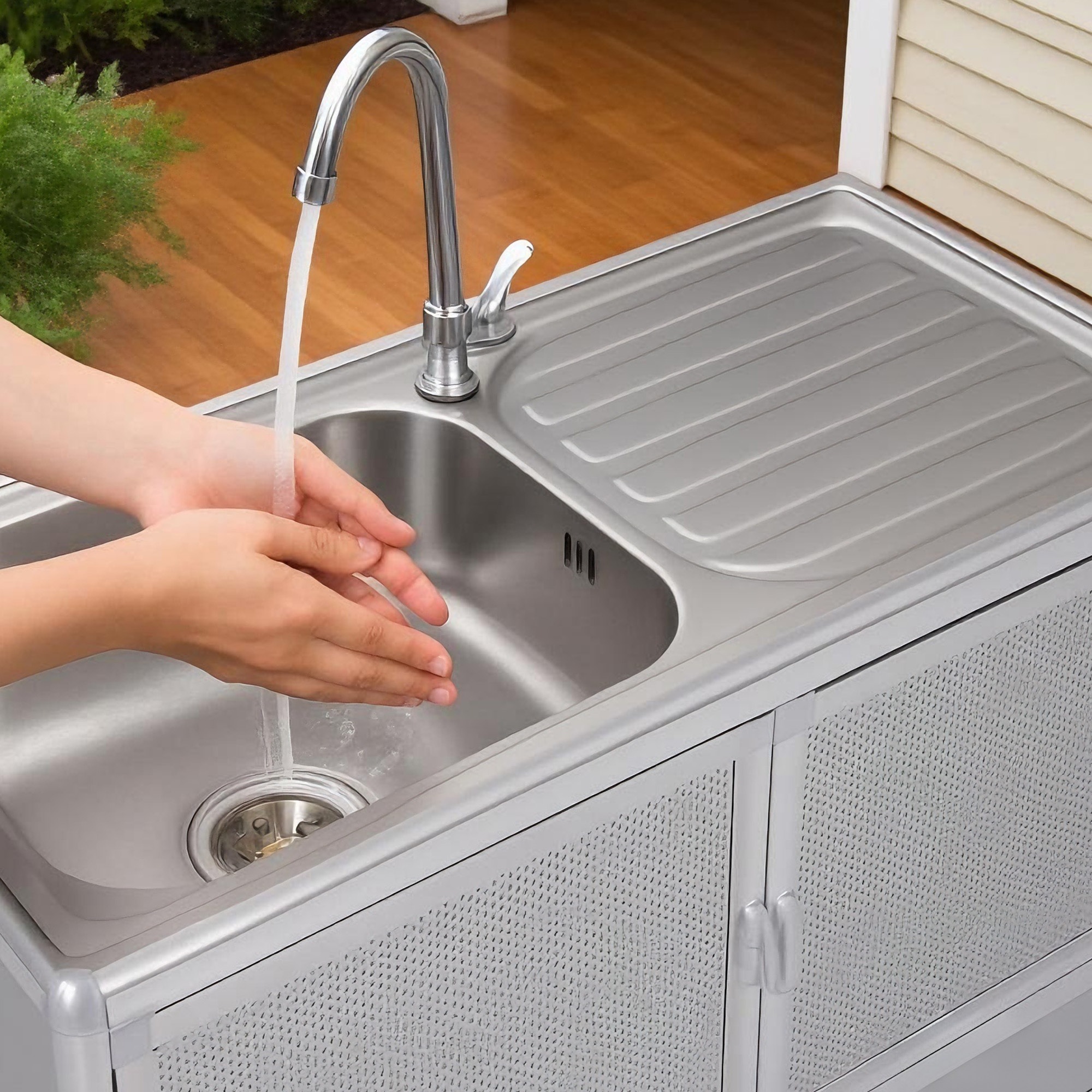 1426【囲い付きで便利】屋外 流し台 ステンレス W83×D43.5×H109.5cm ガーデンシンク 作業台 キッチン 台所 屋外 簡易 シンク 組み立て簡単 収納棚付 庭 高さ調節 調理台 ガー 1426【囲い付きで便利】屋外 流し台 ステンレス W83×D43.5×H109.5cm ガーデンシンク 作業台 キッチン 台所 屋外 簡易 シンク 組み立て簡単 収納棚付 庭 高さ調節 調理台 ガー