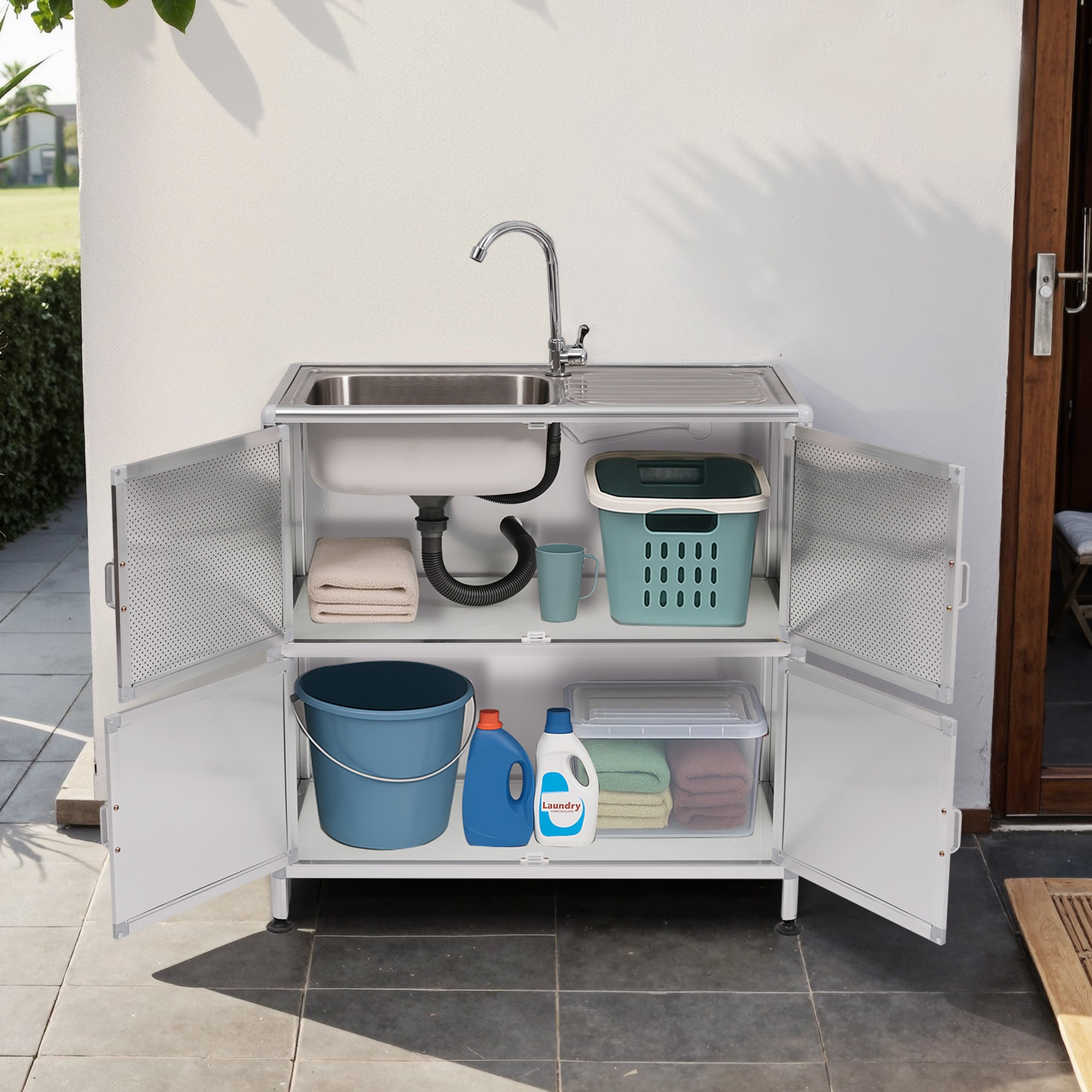 1426【囲い付きで便利】屋外 流し台 ステンレス W83×D43.5×H109.5cm ガーデンシンク 作業台 キッチン 台所 屋外 簡易 シンク 組み立て簡単 収納棚付 庭 高さ調節 調理台 ガー 1426【囲い付きで便利】屋外 流し台 ステンレス W83×D43.5×H109.5cm ガーデンシンク 作業台 キッチン 台所 屋外 簡易 シンク 組み立て簡単 収納棚付 庭 高さ調節 調理台 ガー