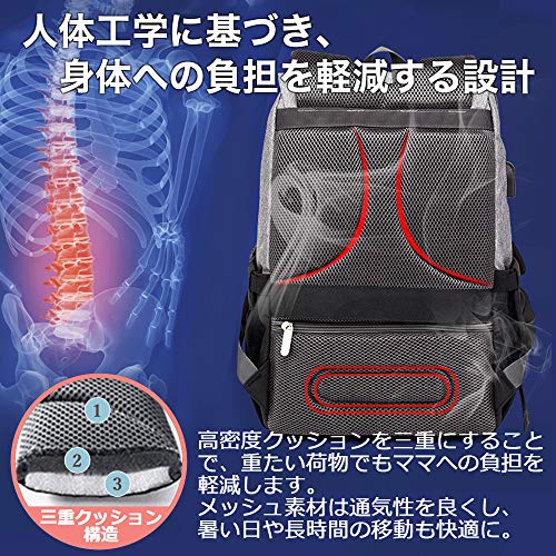 honey&blue マザーズバッグ リュック マザーズリュック ママバッグ メンズ レディース 軽量 大容量 高密度クッション 保温ポケット (グレーブラック)