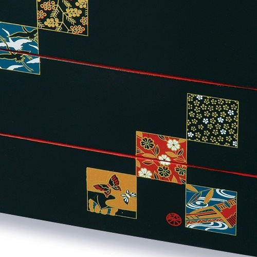 紀州塗り 7寸 三段 重箱 黒内朱 市松友禅 紀州塗り 7寸 三段 重箱 黒内朱 市松友禅