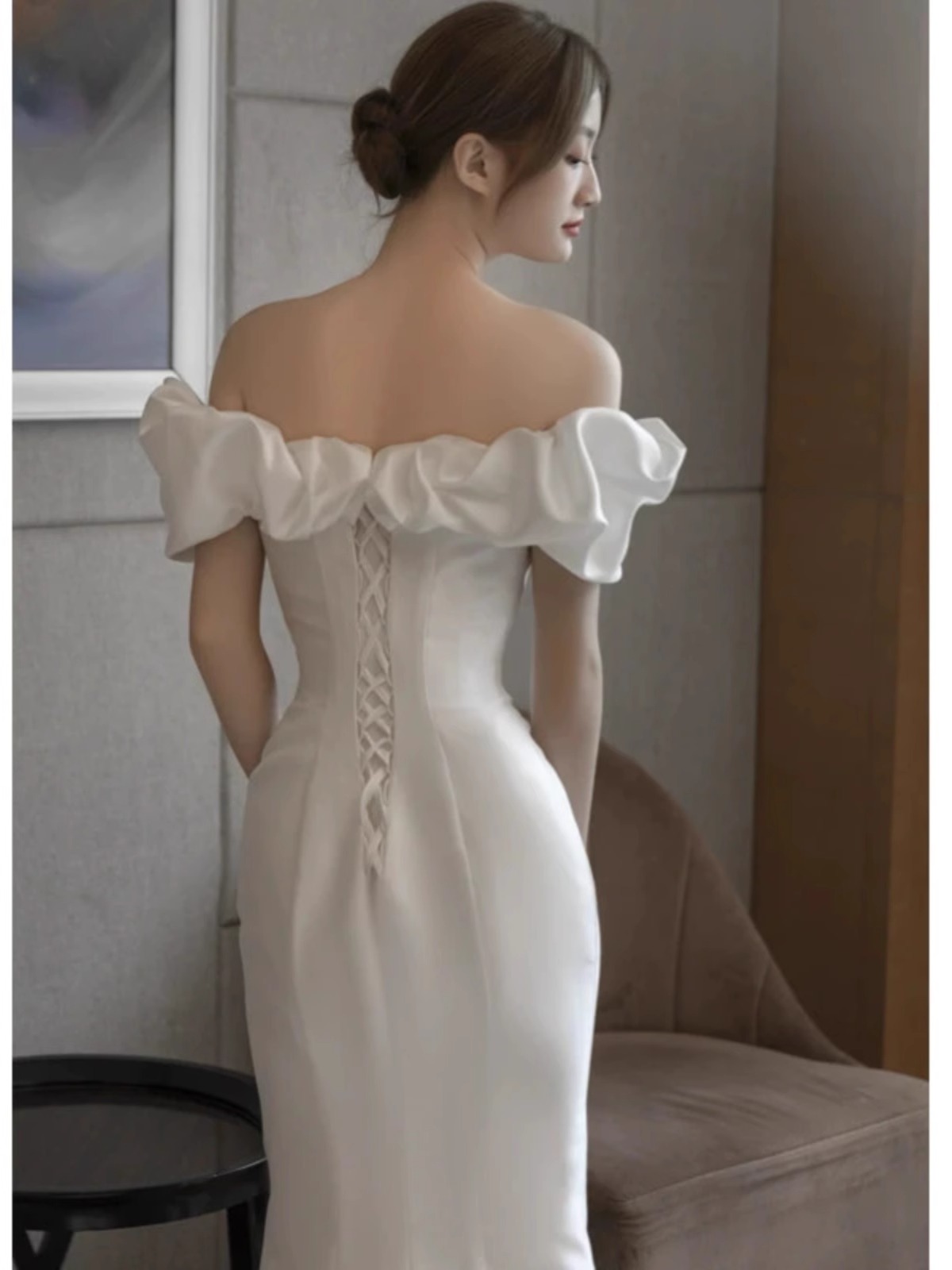 ワンショルダーフレンチライトウエディングサテンシンプル2023新型フィッシュテイルホワイトスリムウエルカムモップお出かけ紗冬 ワンショルダーフレンチライトウエディングサテンシンプル2023新型フィッシュテイルホワイトスリムウエルカムモップお出かけ紗冬