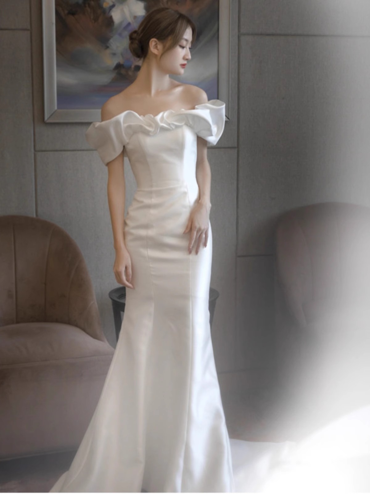 ワンショルダーフレンチライトウエディングサテンシンプル2023新型フィッシュテイルホワイトスリムウエルカムモップお出かけ紗冬 ワンショルダーフレンチライトウエディングサテンシンプル2023新型フィッシュテイルホワイトスリムウエルカムモップお出かけ紗冬