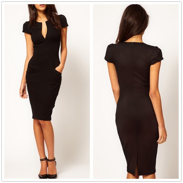 新しいファッション女性セクシーなVネックペンシルドレス女性スリム膝丈ポケットパーティーBodycon OLドレスを働く 新しいファッション女性セクシーなVネックペンシルドレス女性スリム膝丈ポケットパーティーBodycon OLドレスを働く