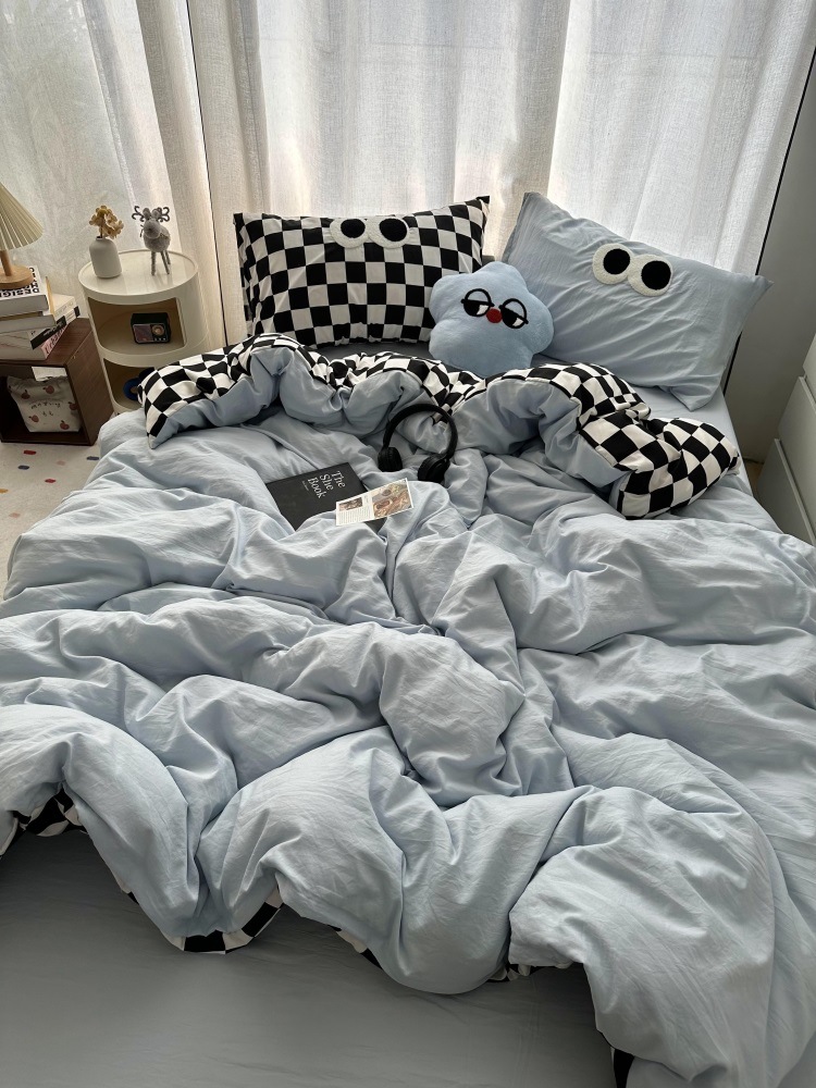 150*200cm/180*220cm/200*230cm韓国ピンクパッチワーク白黒チェッカー水洗綿ベッド上4点セットシーツ学生1.8点セット