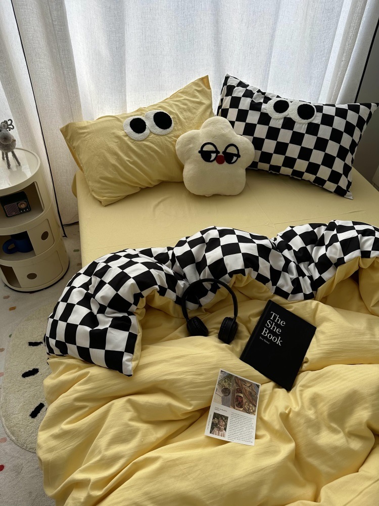150*200cm/180*220cm/200*230cm韓国ピンクパッチワーク白黒チェッカー水洗綿ベッド上4点セットシーツ学生1.8点セット