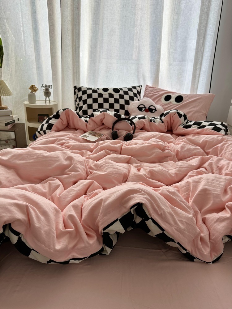 150*200cm/180*220cm/200*230cm韓国ピンクパッチワーク白黒チェッカー水洗綿ベッド上4点セットシーツ学生1.8点セット