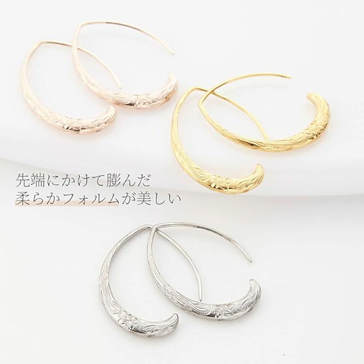 アクセサリーショップピエナサージカルステンレス ハワイアンジュエリー オーバル プルメリア スクロール フックピアス レディース(ピンクゴールド)