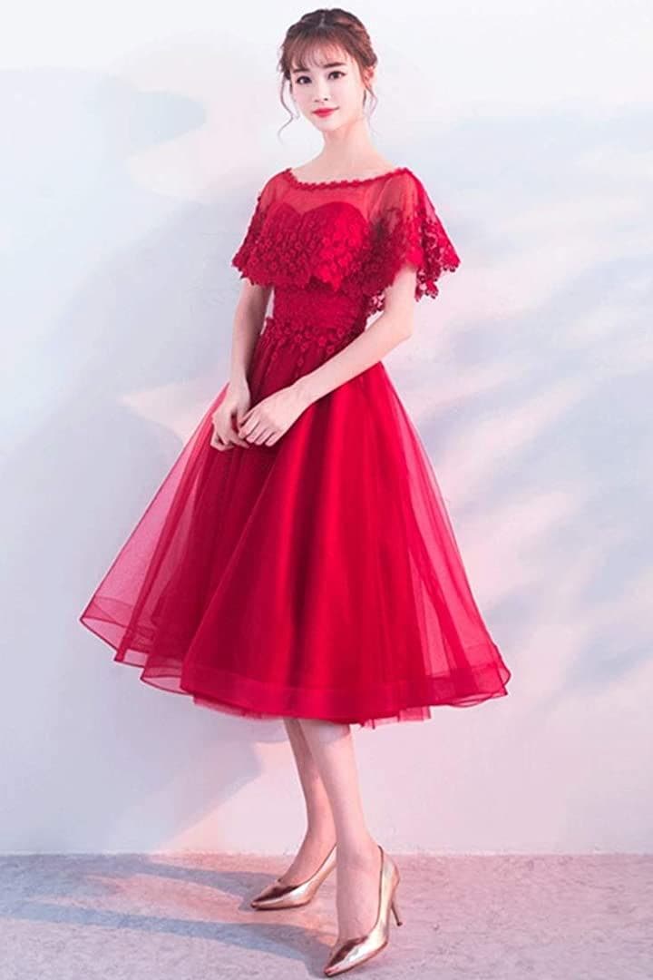 ドレス ミディ レッド パーティー 結婚式 フレア レース 韓国 パーティードレス ミモレ丈 結婚式 ワンピース ロング