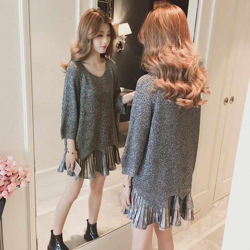 ニット キャミワンピース セットアップ セーター フレアワンピース ミニ ミニ丈 袖あり 長袖 Vネック フレア プリーツ 2点セット ツーピース かわいい 大人可愛い きれいめ シンプル カジュアル