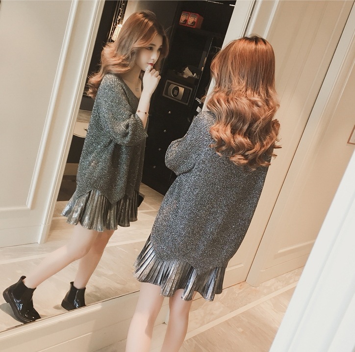 ニット キャミワンピース セットアップ セーター フレアワンピース ミニ ミニ丈 袖あり 長袖 Vネック フレア プリーツ 2点セット ツーピース かわいい 大人可愛い きれいめ シンプル カジュアル