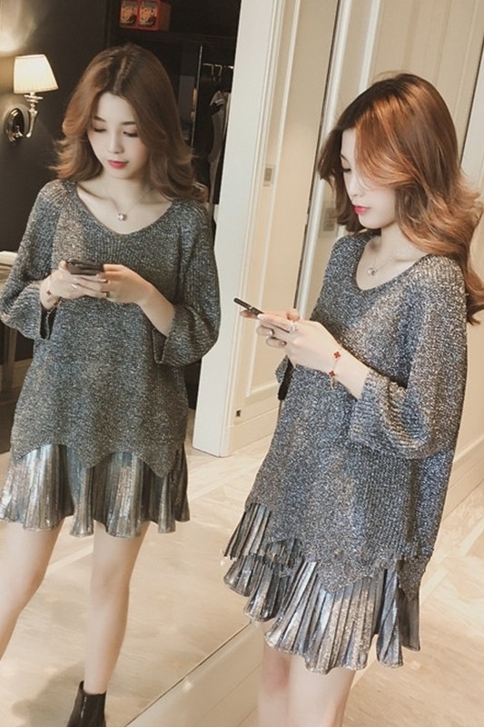 ニット キャミワンピース セットアップ セーター フレアワンピース ミニ ミニ丈 袖あり 長袖 Vネック フレア プリーツ 2点セット ツーピース かわいい 大人可愛い きれいめ シンプル カジュアル