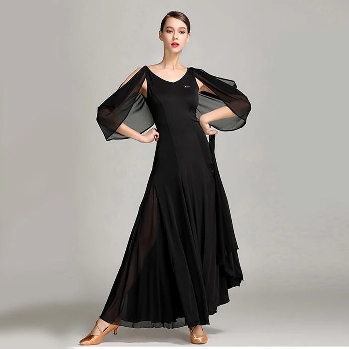 社交ダンス ドレス 社交ダンス衣装 長袖 黒 初心者 練習着 広がる裾 発表会用 ワンピース パーティー スタンダード レッスン着 ブラック S M L XL 2XL 社交ダンス ドレス 社交ダンス衣装 長袖 黒 初心者 練習着 広がる裾 発表会用 ワンピース パーティー スタンダード レッスン着 ブラック S M L XL 2XL