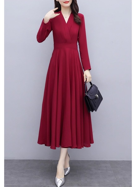 2色展開 スリムフィット長袖ドレス レディース ワンピース ドレス フレアスカート ロングスカート 膝丈 ミモレ 長袖 Vネック ノーカラー フレア スリム 細身 Aライン フリル フォーマル 2色展開 スリムフィット長袖ドレス レディース ワンピース ドレス フレアスカート ロングスカート 膝丈 ミモレ 長袖 Vネック ノーカラー フレア スリム 細身 Aライン フリル フォーマル