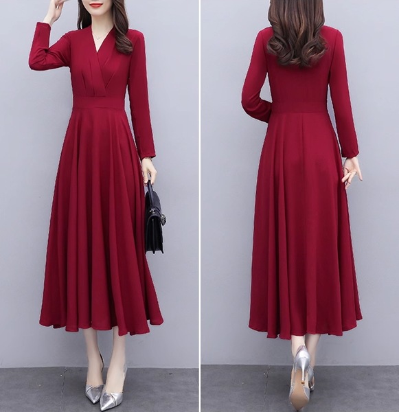 2色展開 スリムフィット長袖ドレス レディース ワンピース ドレス フレアスカート ロングスカート 膝丈 ミモレ 長袖 Vネック ノーカラー フレア スリム 細身 Aライン フリル フォーマル 2色展開 スリムフィット長袖ドレス レディース ワンピース ドレス フレアスカート ロングスカート 膝丈 ミモレ 長袖 Vネック ノーカラー フレア スリム 細身 Aライン フリル フォーマル