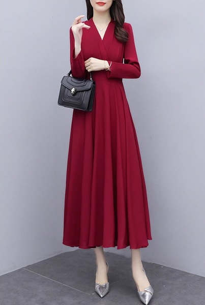 2色展開 スリムフィット長袖ドレス レディース ワンピース ドレス フレアスカート ロングスカート 膝丈 ミモレ 長袖 Vネック ノーカラー フレア スリム 細身 Aライン フリル フォーマル 2色展開 スリムフィット長袖ドレス レディース ワンピース ドレス フレアスカート ロングスカート 膝丈 ミモレ 長袖 Vネック ノーカラー フレア スリム 細身 Aライン フリル フォーマル