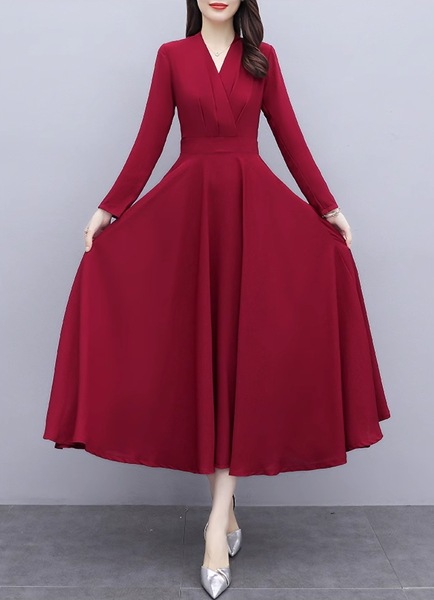 2色展開 スリムフィット長袖ドレス レディース ワンピース ドレス フレアスカート ロングスカート 膝丈 ミモレ 長袖 Vネック ノーカラー フレア スリム 細身 Aライン フリル フォーマル 2色展開 スリムフィット長袖ドレス レディース ワンピース ドレス フレアスカート ロングスカート 膝丈 ミモレ 長袖 Vネック ノーカラー フレア スリム 細身 Aライン フリル フォーマル