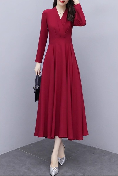 2色展開 スリムフィット長袖ドレス レディース ワンピース ドレス フレアスカート ロングスカート 膝丈 ミモレ 長袖 Vネック ノーカラー フレア スリム 細身 Aライン フリル フォーマル 2色展開 スリムフィット長袖ドレス レディース ワンピース ドレス フレアスカート ロングスカート 膝丈 ミモレ 長袖 Vネック ノーカラー フレア スリム 細身 Aライン フリル フォーマル