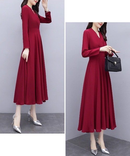 2色展開 スリムフィット長袖ドレス レディース ワンピース ドレス フレアスカート ロングスカート 膝丈 ミモレ 長袖 Vネック ノーカラー フレア スリム 細身 Aライン フリル フォーマル 2色展開 スリムフィット長袖ドレス レディース ワンピース ドレス フレアスカート ロングスカート 膝丈 ミモレ 長袖 Vネック ノーカラー フレア スリム 細身 Aライン フリル フォーマル