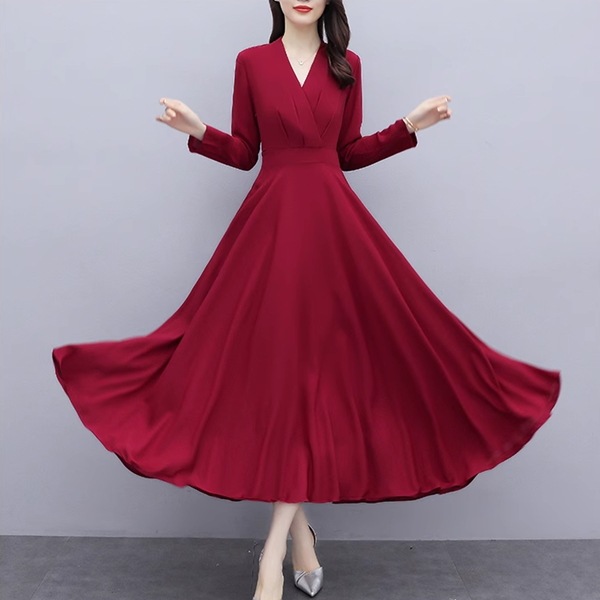 2色展開 スリムフィット長袖ドレス レディース ワンピース ドレス フレアスカート ロングスカート 膝丈 ミモレ 長袖 Vネック ノーカラー フレア スリム 細身 Aライン フリル フォーマル 2色展開 スリムフィット長袖ドレス レディース ワンピース ドレス フレアスカート ロングスカート 膝丈 ミモレ 長袖 Vネック ノーカラー フレア スリム 細身 Aライン フリル フォーマル