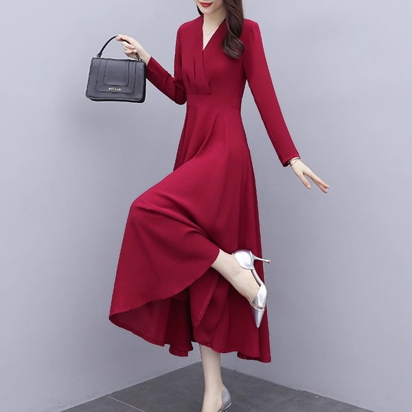 2色展開 スリムフィット長袖ドレス レディース ワンピース ドレス フレアスカート ロングスカート 膝丈 ミモレ 長袖 Vネック ノーカラー フレア スリム 細身 Aライン フリル フォーマル 2色展開 スリムフィット長袖ドレス レディース ワンピース ドレス フレアスカート ロングスカート 膝丈 ミモレ 長袖 Vネック ノーカラー フレア スリム 細身 Aライン フリル フォーマル