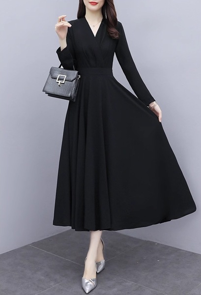 2色展開 スリムフィット長袖ドレス レディース ワンピース ドレス フレアスカート ロングスカート 膝丈 ミモレ 長袖 Vネック ノーカラー フレア スリム 細身 Aライン フリル フォーマル 2色展開 スリムフィット長袖ドレス レディース ワンピース ドレス フレアスカート ロングスカート 膝丈 ミモレ 長袖 Vネック ノーカラー フレア スリム 細身 Aライン フリル フォーマル