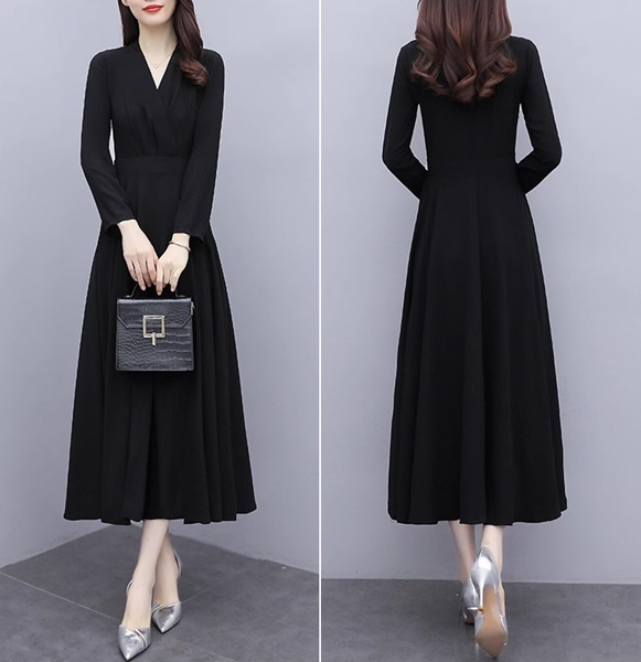 2色展開 スリムフィット長袖ドレス レディース ワンピース ドレス フレアスカート ロングスカート 膝丈 ミモレ 長袖 Vネック ノーカラー フレア スリム 細身 Aライン フリル フォーマル 2色展開 スリムフィット長袖ドレス レディース ワンピース ドレス フレアスカート ロングスカート 膝丈 ミモレ 長袖 Vネック ノーカラー フレア スリム 細身 Aライン フリル フォーマル